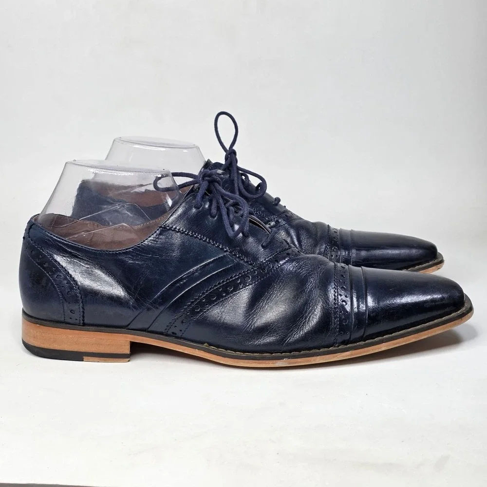 Stacy Adams Shoes Men's Size 10.5 Navy Blue Leather Cap Toe Brogue Oxford Casual